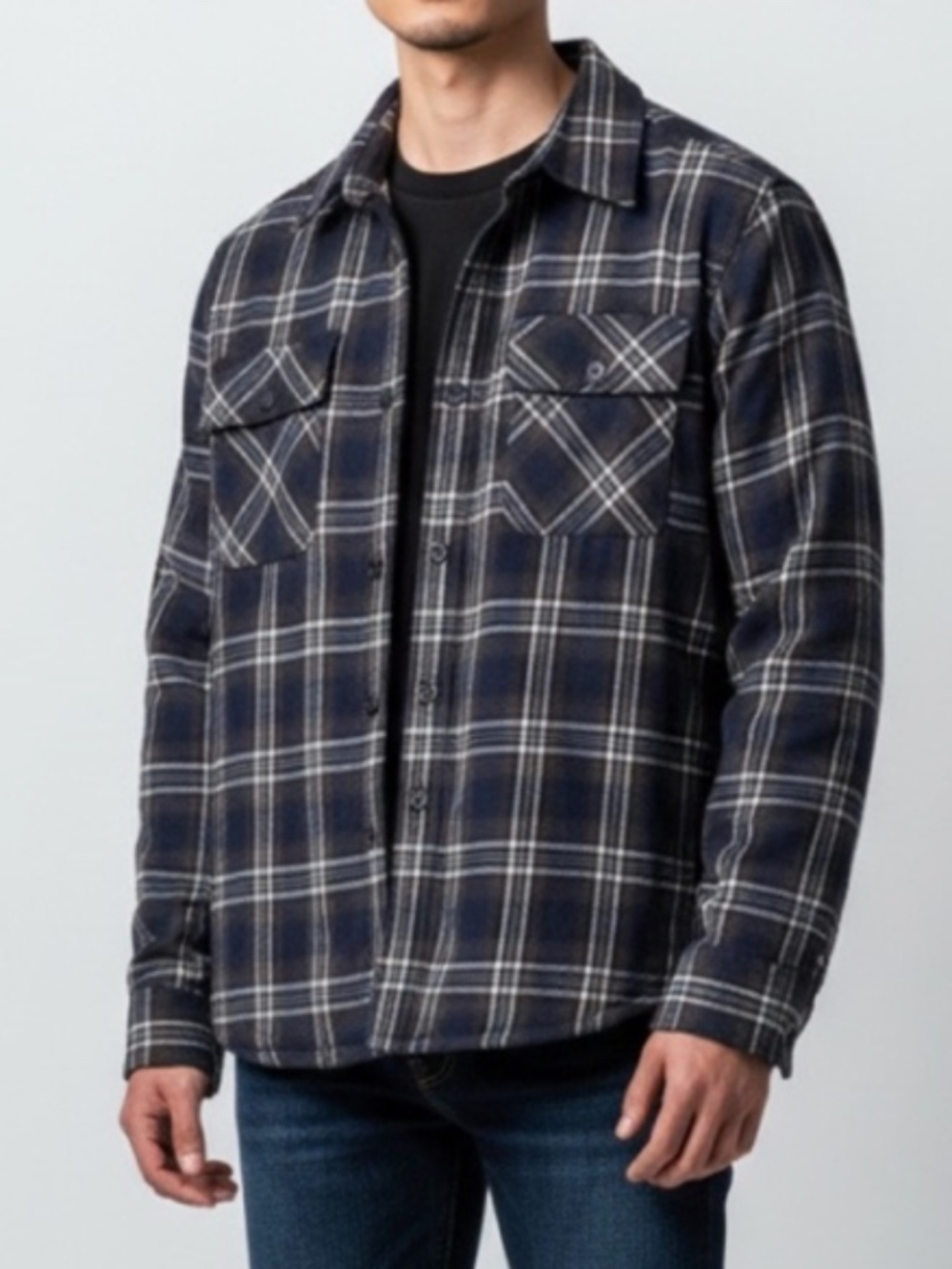 NWT Rue Saint Patrick Men's Navy Plaid Flannel Shirt Jacket Shacket Size Medium